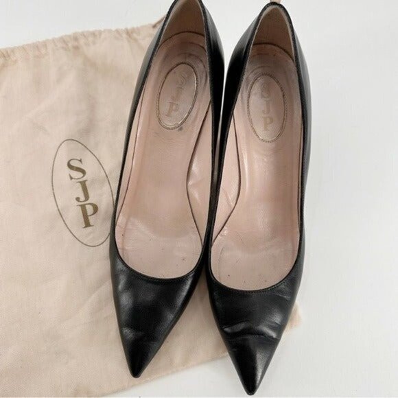 SJP Fawn Sarah Jessica Parker Black Pointed Toe Leather Classic Pump 9 Heels - Picture 7 of 8